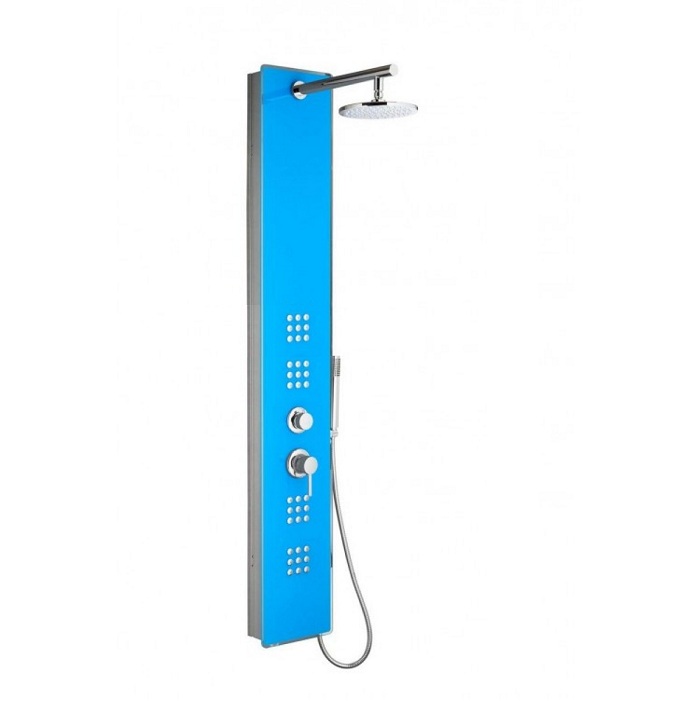COLONNA DOCCIA MULTIFUNZIONE METAFORM mod. CRYSTAL in vetro temperato e PVC - AZZURRO